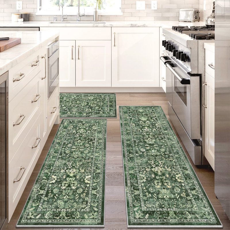 Faux Nylon Fleece Non Slip Washable Kitchen Mats, Green