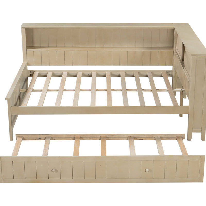 Lit de jour double antique avec rangement en bois de pin massif avec rangement et gigogne