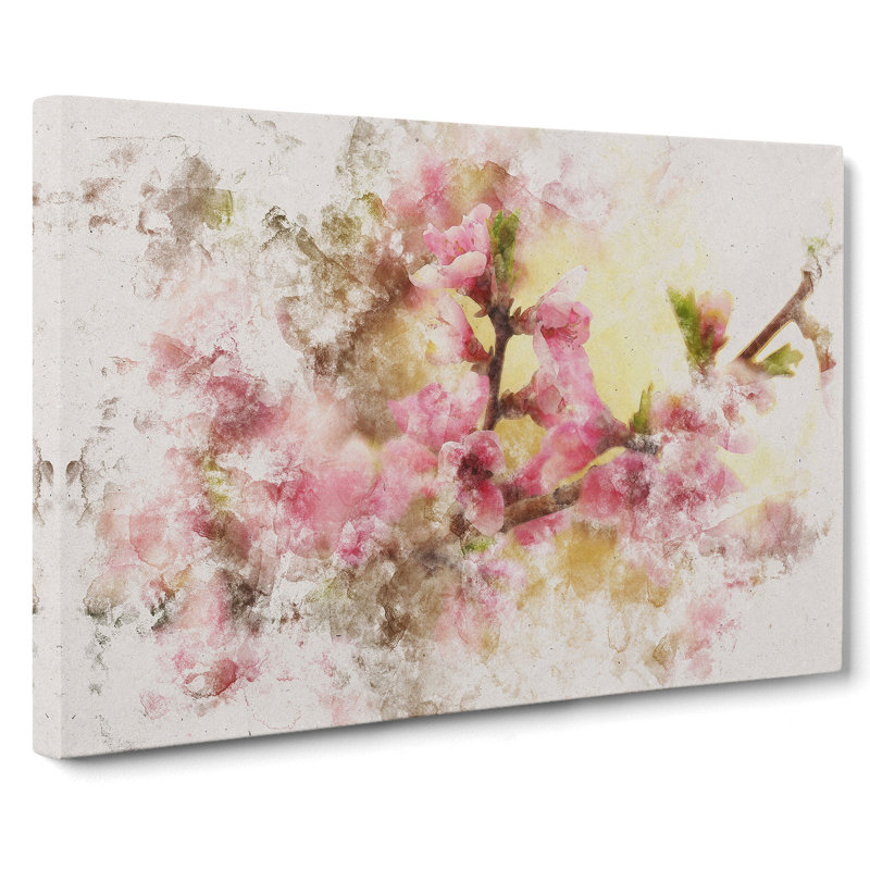 Cherry Blossom Flowers Watercolour - Wrapped Canvas Print, 60cm H x 91cm W x 3cm D