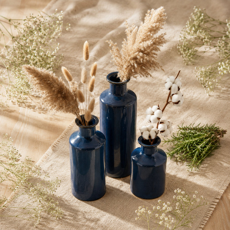 Ensemble de 3 vases en céramique bleue