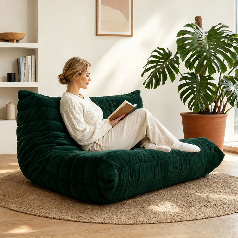 Fauteuil à billes en velours à mémoire de forme pour adultes, canapé paresseux à plancher Hish Rebond, sans assemblage, vert foncé 51,18 po