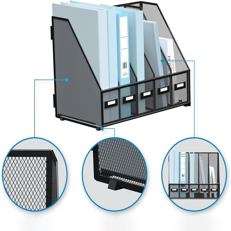 Metal Desk File Organizers With 5 Vertical Compartments For Office, Home, Black