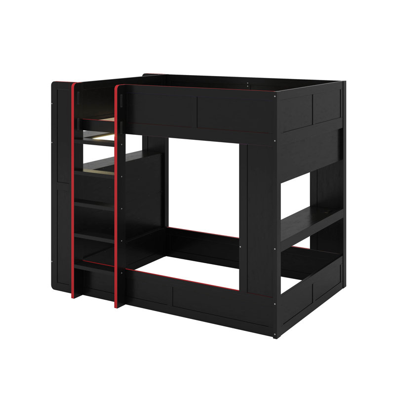Lit superposé double en bois avec bureau, tablettes de rangement, DEL et station de charge