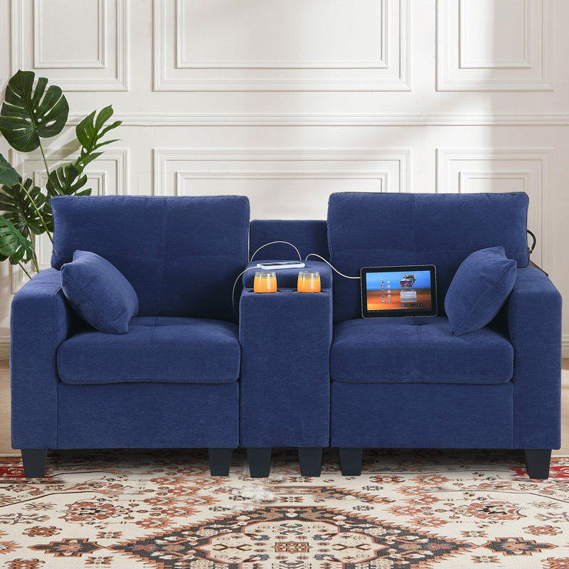 Modular Sofa With Storage, Cupholders, USB Port, Navy Blue