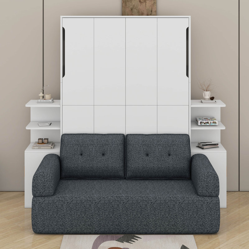 Lit escamotable avec canapé Murphy, cadre de lit mural peu encombrant avec armoires de rangement, White/Grey