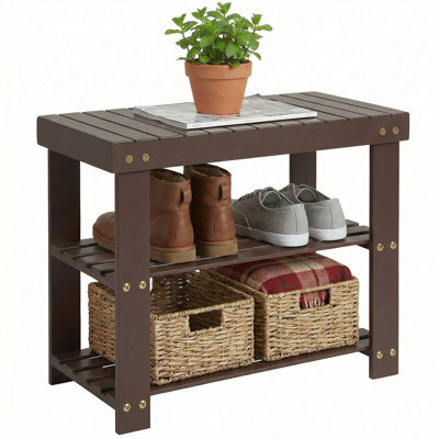 Brown Bamboo Shoe Rack Bench with Seat, 3-Tier Entryway Organizer & Storage Shelf, Holds 130kg, Versatile Furniture for Closet & Living Room
