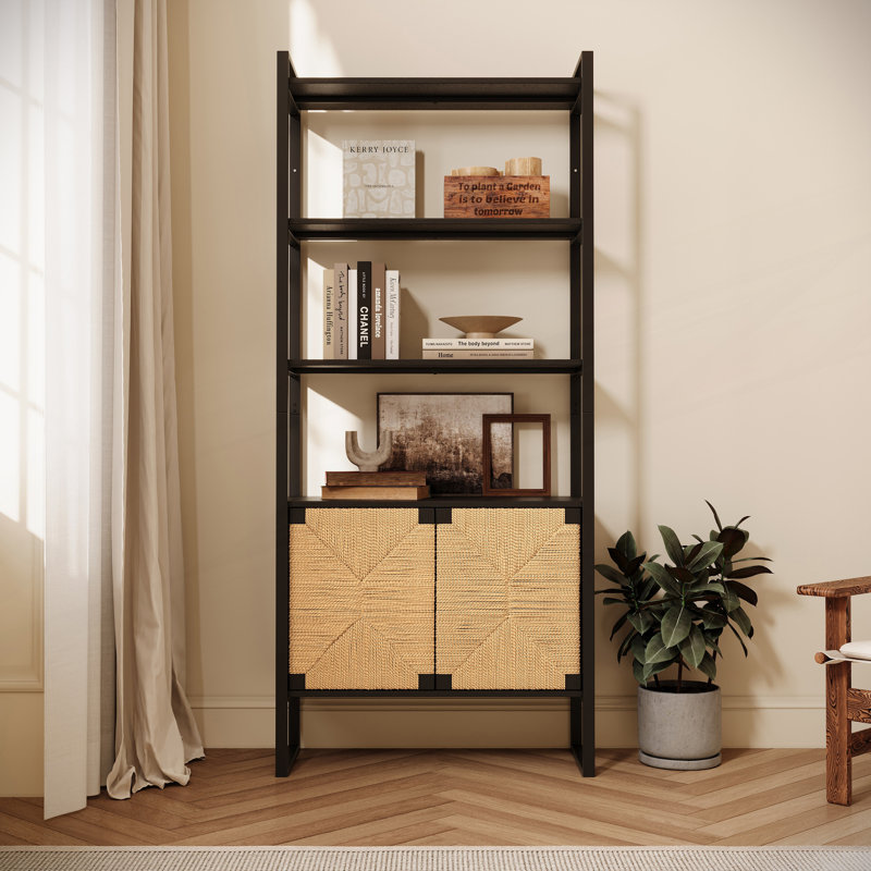 Bibliothèque de rangement avec porte d'armoire en rotin naturel, étagère ouverte à double fonction avec armoire fermée