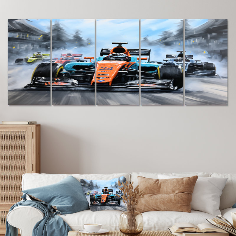 Orange et bleu, voiture de course, art mural 5 pièces, H 28 po x l 60 po