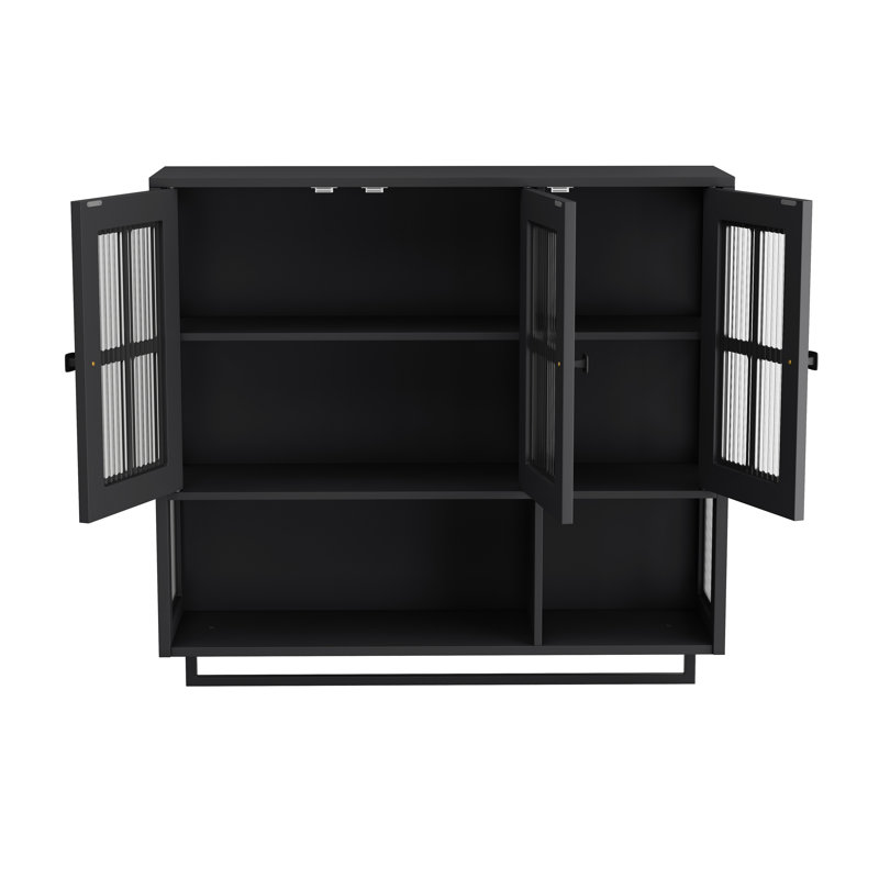 Armoire de salle de bain murale noire à 3 portes avec panneaux de verre et tablettes ouvertes