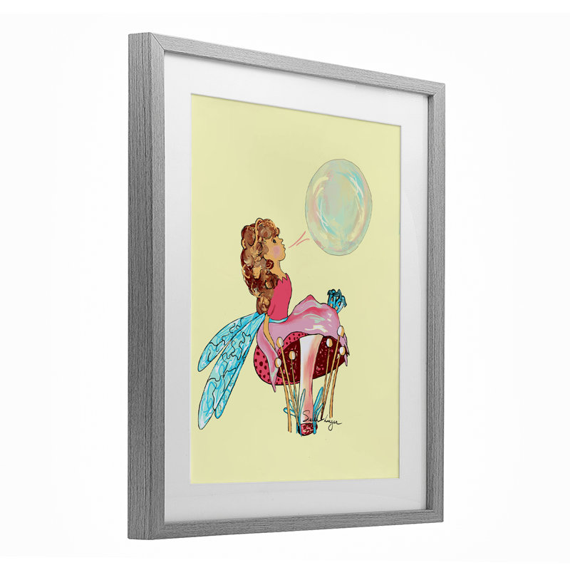 Ballerine fée sur fond jaune, reproduction sous verre, design par Susan Lugar, H 21 po x l 17 po, Cadre de ferme gris