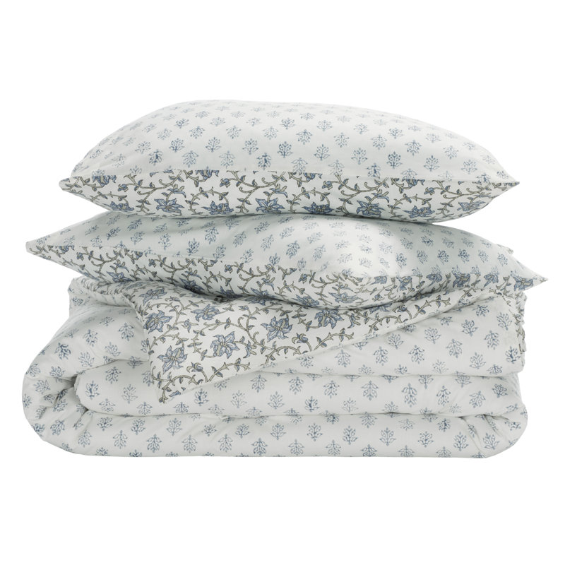 Floral Reversible Comforter Set, Blue Mist/Sage Green Floral, Queen Comforter + 2 Queen Shams