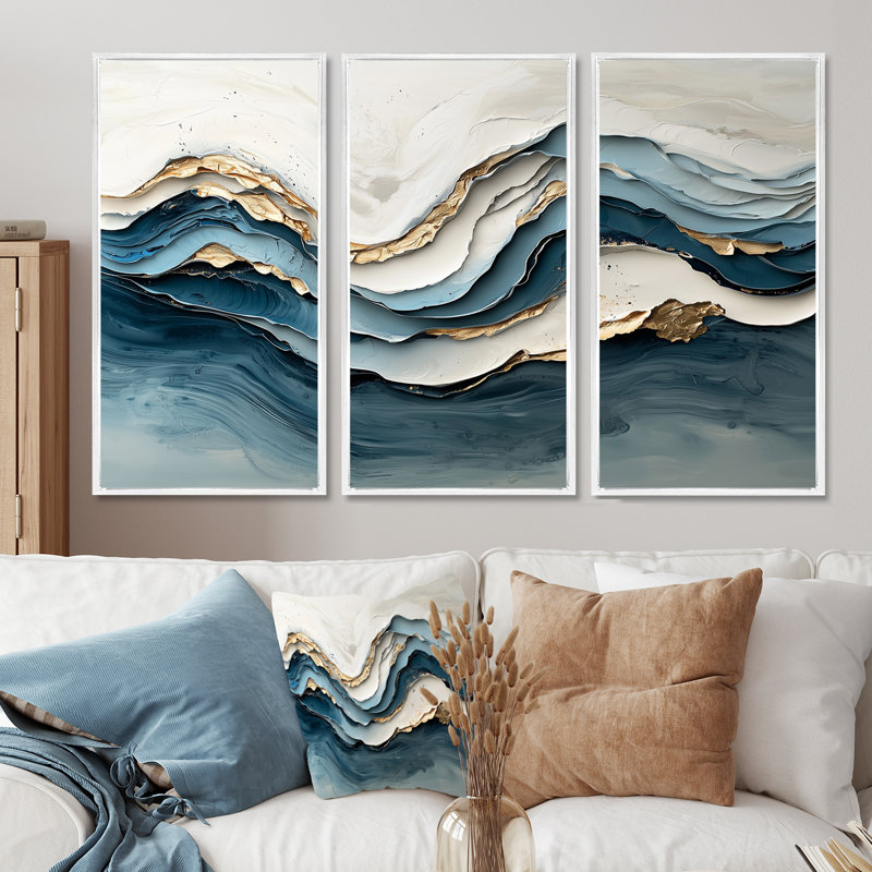Marbre blanc et bleu, vague IV - ensemble d'art mural vagues côtières, Toile avec cadre flottant noir