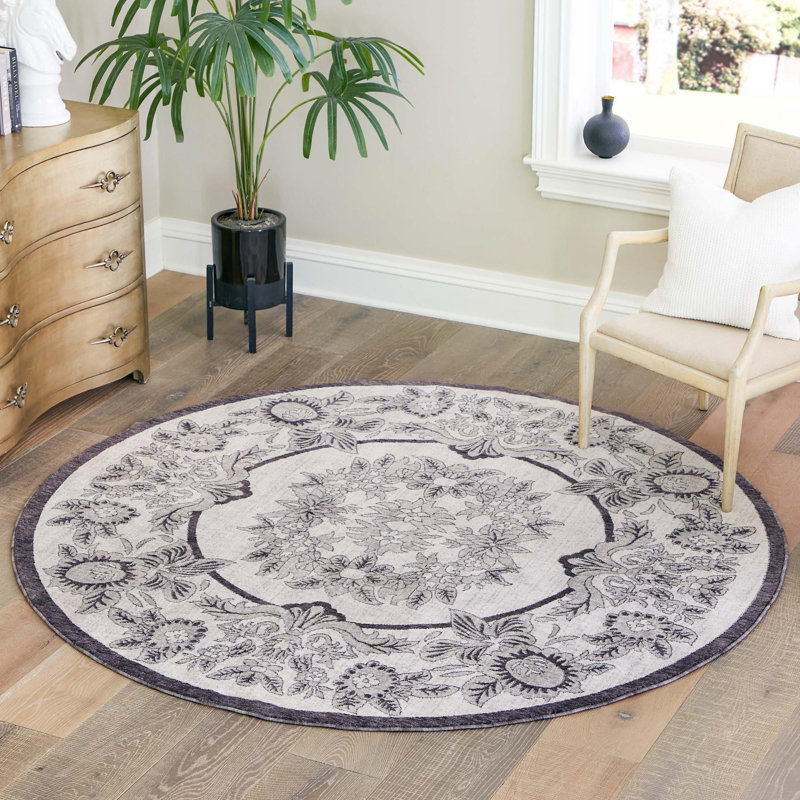 Tapis traditionnel ivoire-noir, Rond 3 pi 3 po