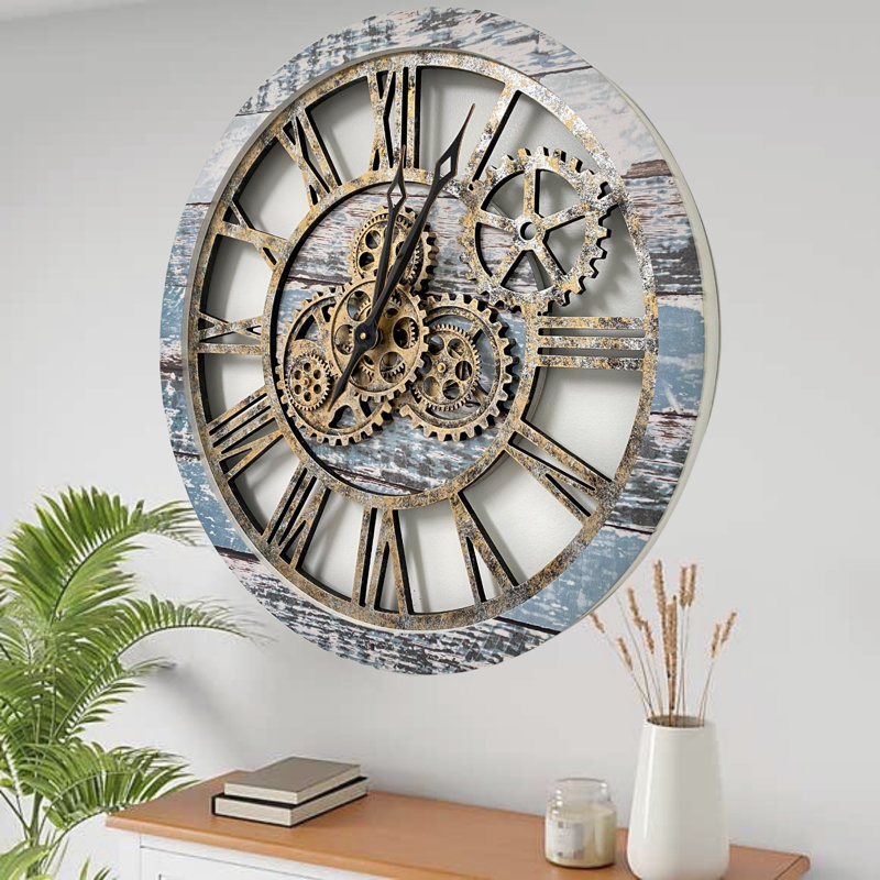 24" Aqua Green and Bronze Industrial Wall Clock with Moving Gears