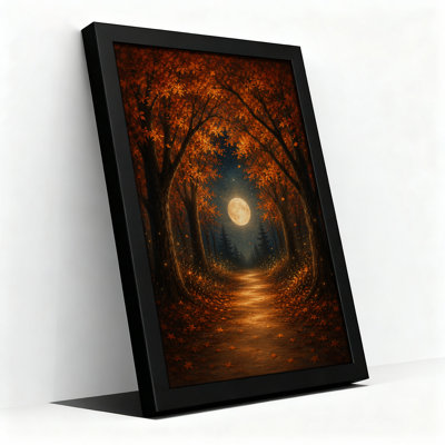Art sur toile orange, arbres d'automne orange encadrant la pleine lune sur forêt