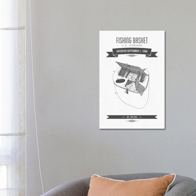 L.E. Gieshen Fishing Basket Patent Sketch Retro (Charcoal) by Aged Pixel - Wrapped Canvas Print