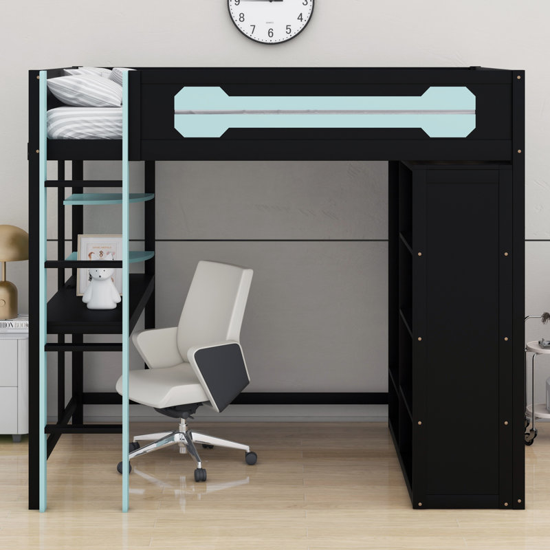 Lit mezzanine tout-en-un en bois avec bureau, garde-robe ouverte et lumière RVB, Bleu