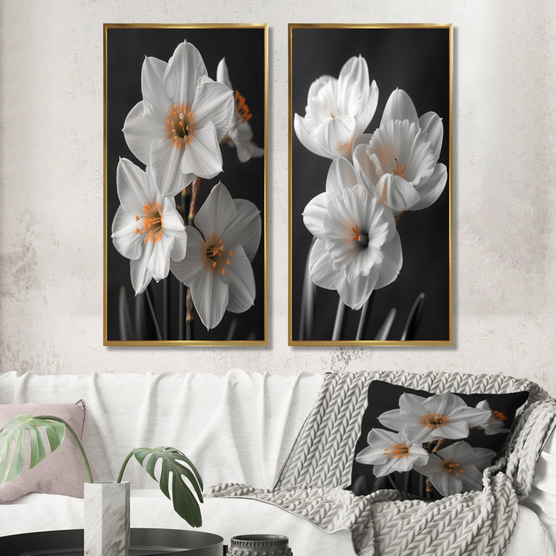 Ensemble de 2 jonquilles botaniques blanches, jaunes et jaunes, H 40 po x l 40 po, Impression encadrée, Doré