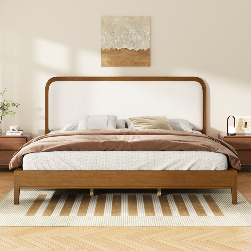 Anna Mid-Century Modern Acacia Wood Platform Bed with Upholstered Headboard, King