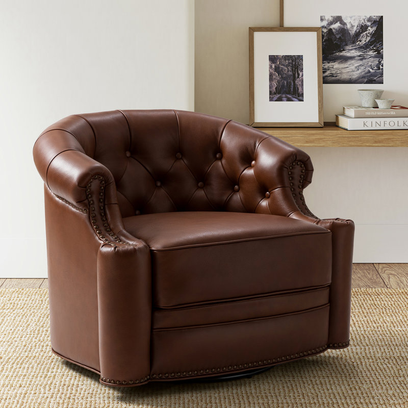 Paula 31.5'' Wide Genuine Leather Swivel Chesterfield Chair, Brown Genuine Leather