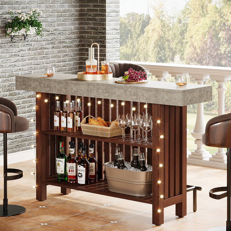 Modern 2-Tier Bar Table Footrest Home Bar Unit Corner Mini Coffee Bar Cabinet Kitchen Pub, Gray/Brown