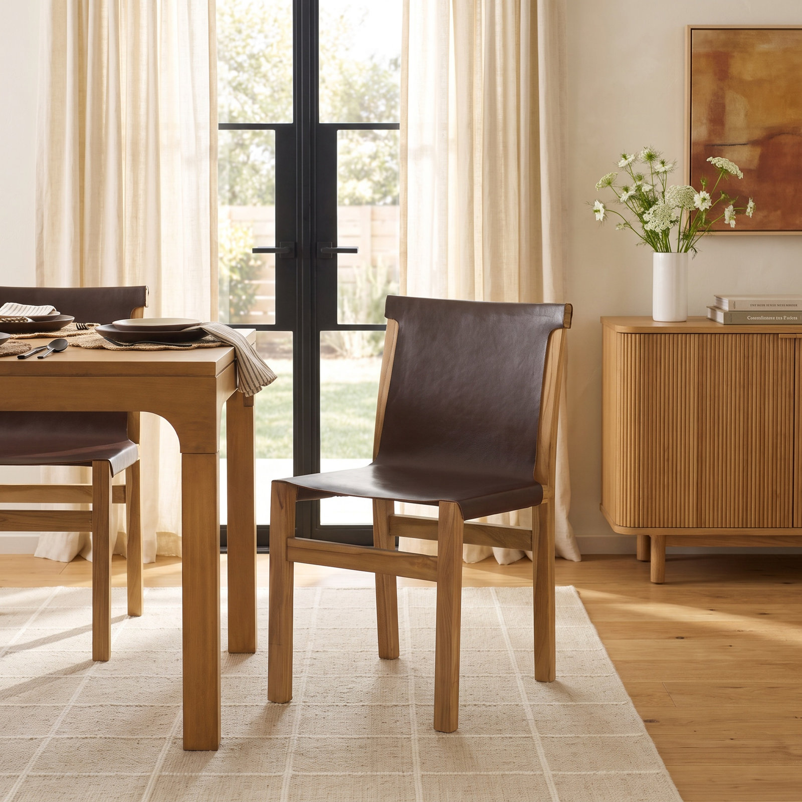 Cambell Teak Dining Chair, Cognac Leather