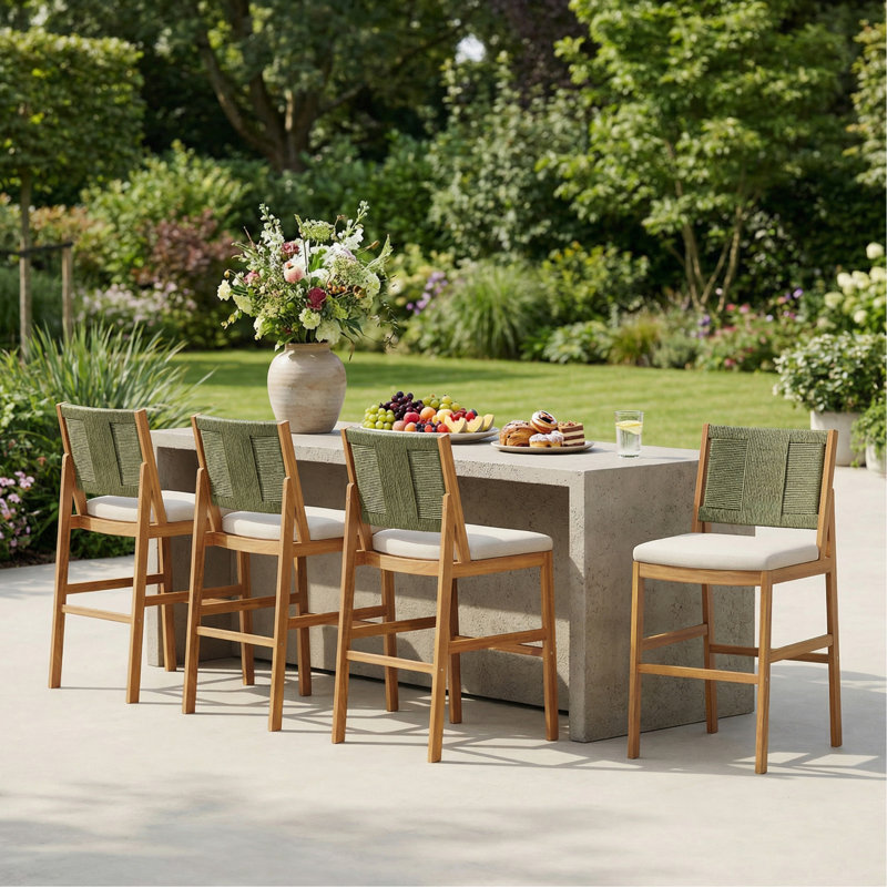 4 pièces Tabouret de bar d'extérieur vert en bois d'acacia massif et osier tissé Arly, Crème, vert, teck, Crème, vert, teck