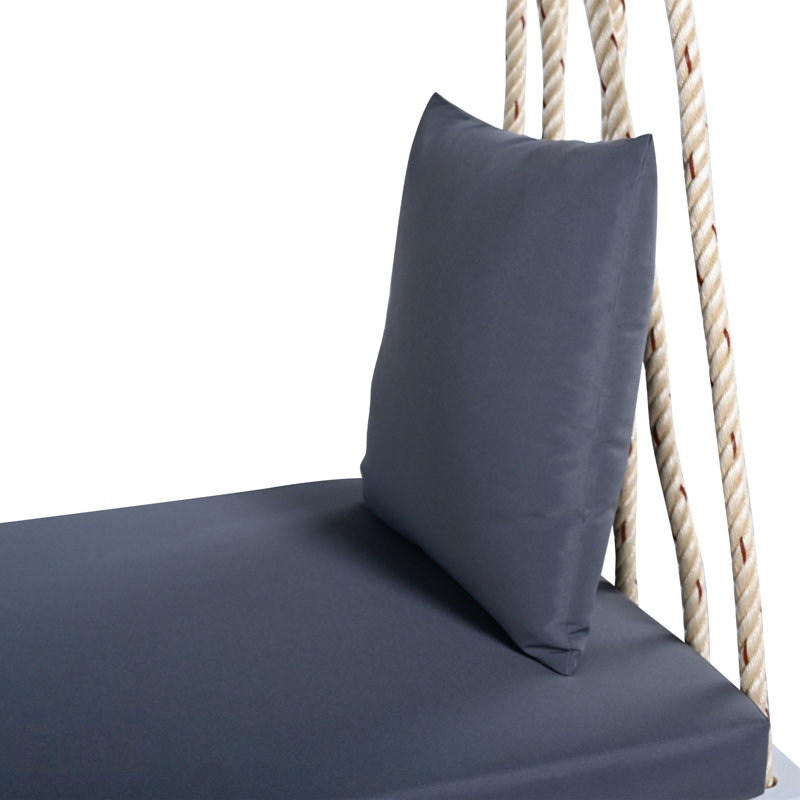 Patio Wooden Swing Chair, Hanging Porch Swing With Cushion & Pillows, Durable Hemp Ropes For Garden And Backyard, Blue, White