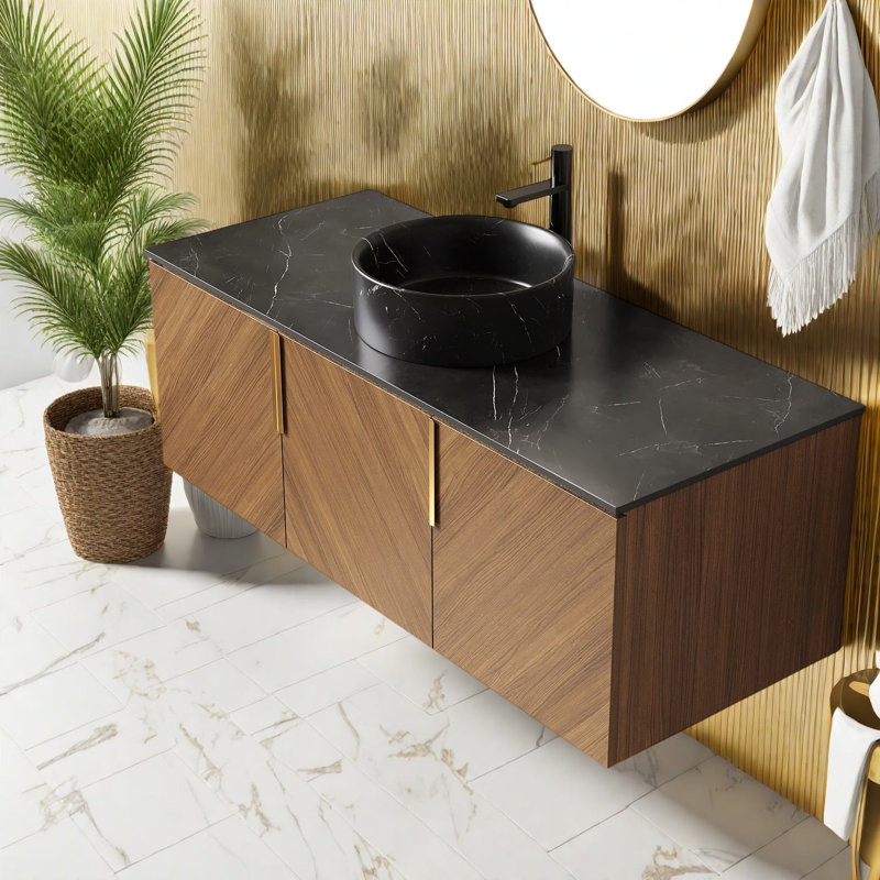 Meuble-lavabo moderne avec rangement, armoire en contreplaqué et lavabo en céramique