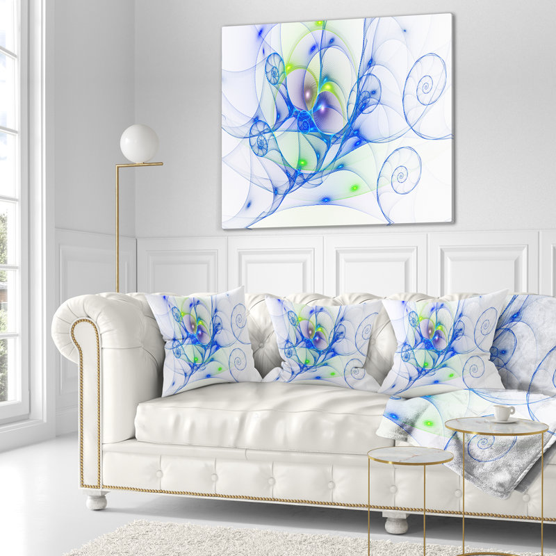 Curly Spiral - coussin abstrait imprimé, 18 po x 18 po, Blanc / bleu, Coussin décoratif