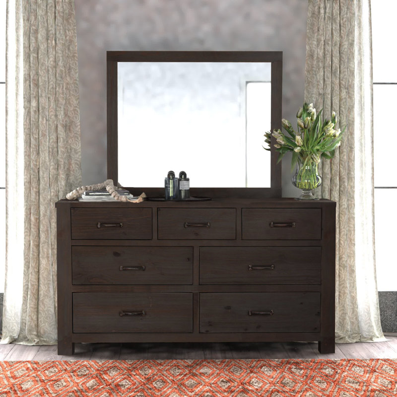 Commode double 7 tiroirs en bois massif avec miroir Mateo, Espresso