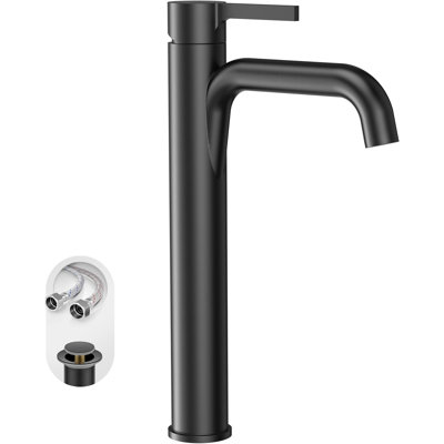 Robinet de lavabo vasque de salle de bain noir mat à 1 trou de hauteur, robinet de salle de bain haut à poignée simple à un trou, avec bonde escamotable et conduite d'alimentation en eau