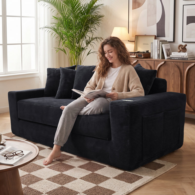 Boneless Compression Corduroy Convertible Sleeper Sofa Bed, 2-in-1 Loveseat Sofa with Cup Holders & Side Storage Pocket