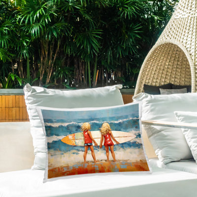 Siblings with Surfboard Printed Outdoor Throw Pillow Design by Petal Prints Design