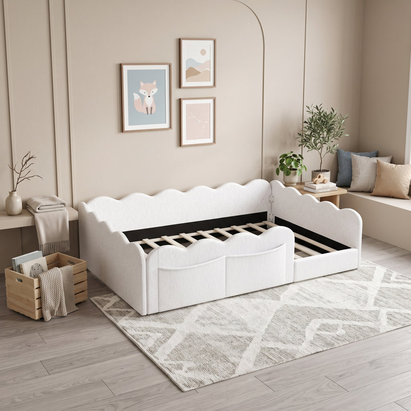 Lit de plancher rembourré avec lattes, Lit double, Blanc