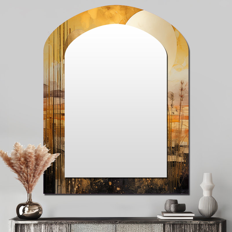 Golden Sunset Cottage Countryside Landscape II - Grand miroir mural arqué sur métal, 43 po x 33 po