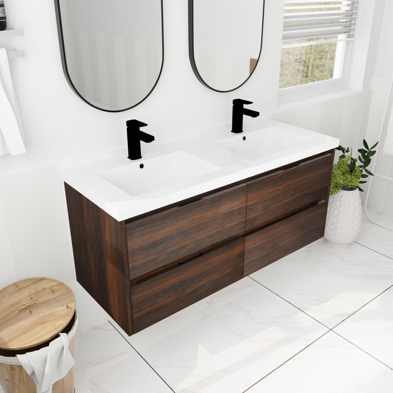 Base de meuble-lavabo mural simple 47,6 po Jasamine en noyer californien avec lavabo