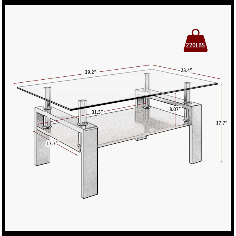 Table basse rectangulaire, plateau en verre trempé avec panneau de fibres à densité moyenne, table moderne pour le salon, verre gris