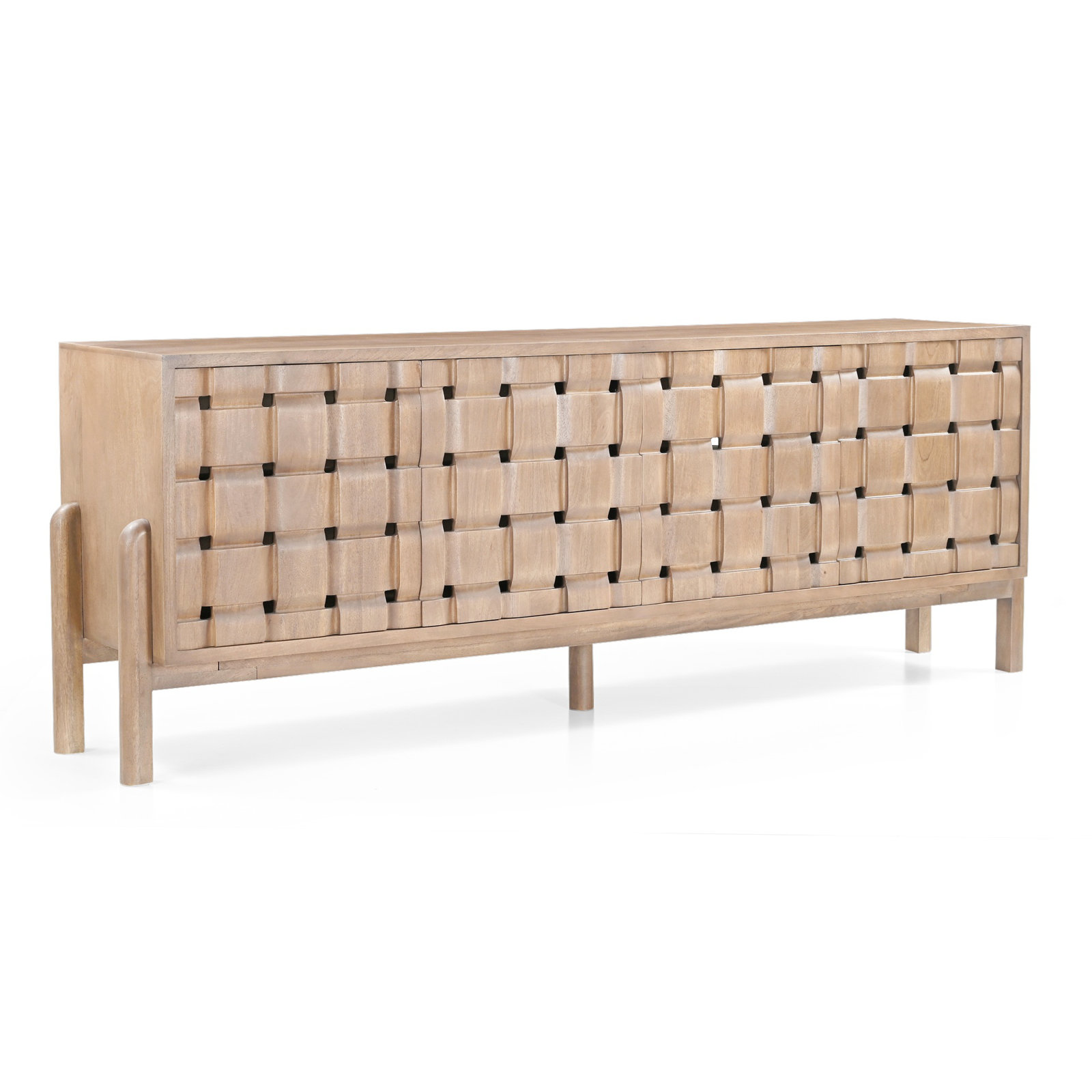 Khoa Solid Wood 4-Door Sideboard With Carved Woven Doors, Light Brown