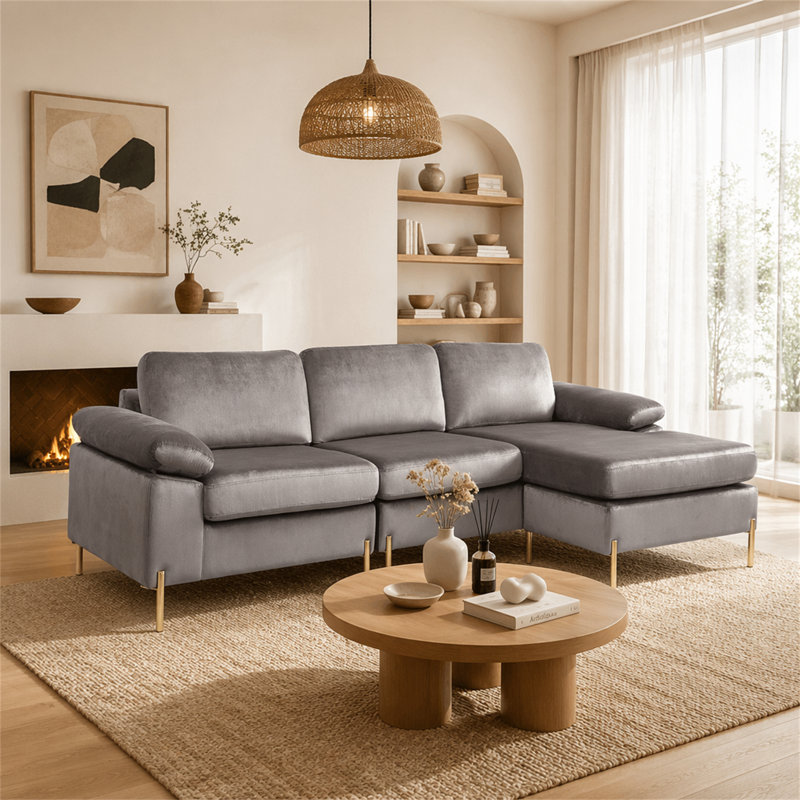 Canapé modulaire en velours avec méridienne Shannon, Gris