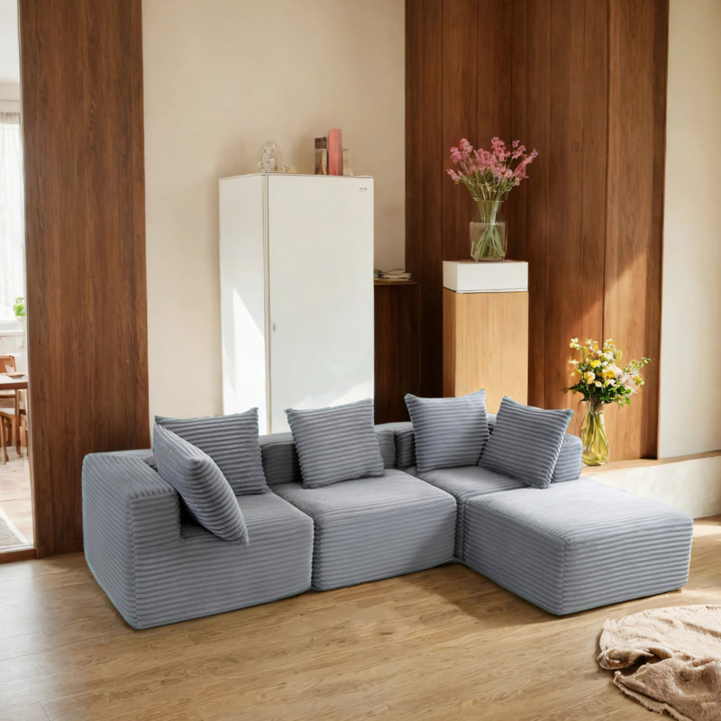 Un tissu en velours côtelé doux et durable recouvre l'ensemble modulaire., Gris