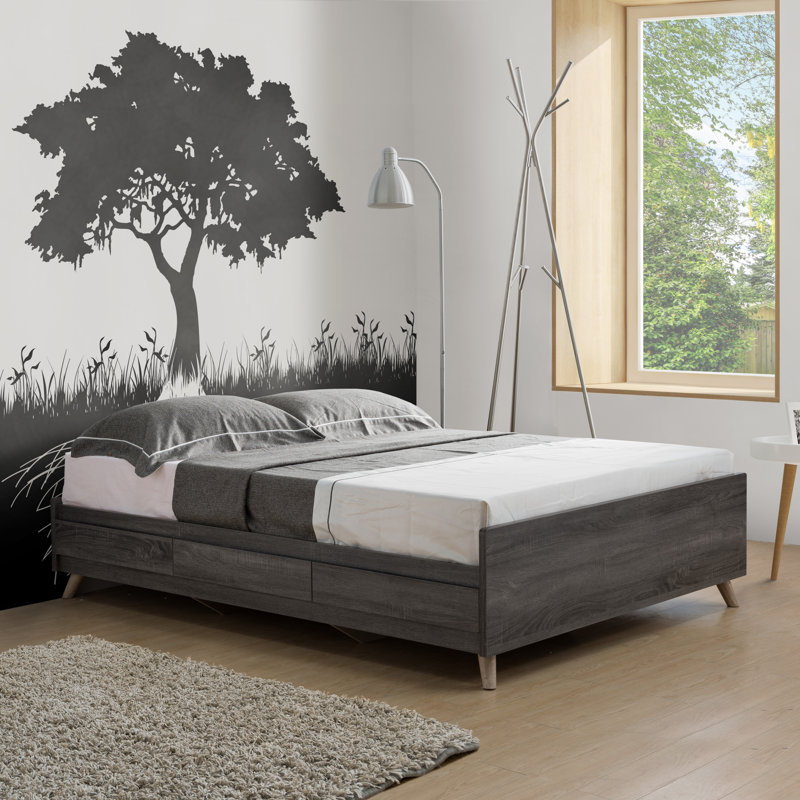 Lit plateforme avec rangement Leslie, Gris vieilli, Double