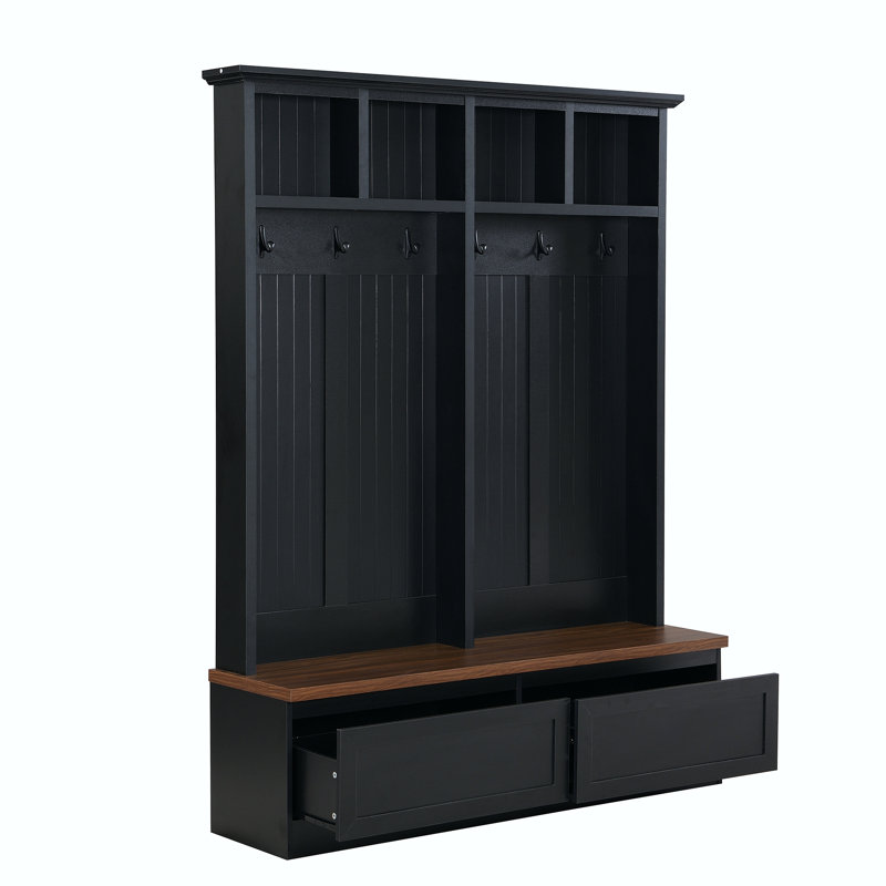 Farmhouse 4-In-1 Hall Tree With Wood Grain Bench And Storage Drawers, Black, Black/Dark Walnut