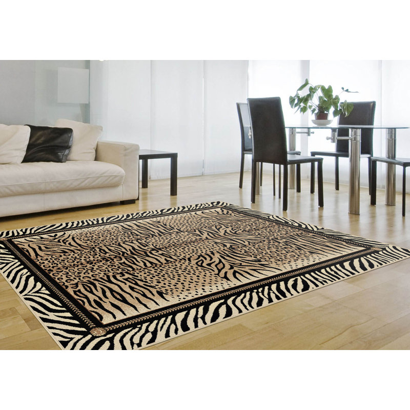 Alpaslan Animal Print Leopard, Tiger, Zebra Beige/Black Area Rug, Rectangle 5'3" x 7'3"
