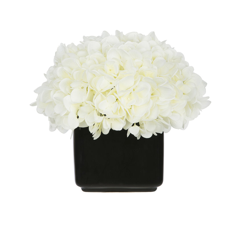Hortensia artificiel dans un petit cube noir en céramique, Blanc