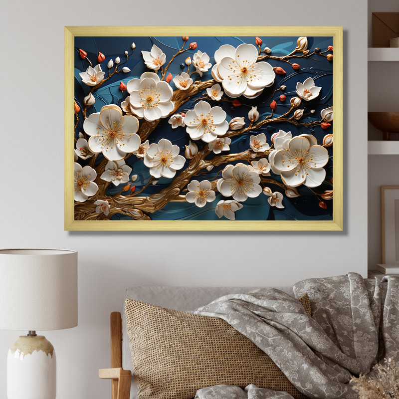 Orchidée blanche dorée et bleue, arbre III - Art mural floral abstrait, Cadre d'angle fermé doré, H 16 po x l 32 po x P 1 po