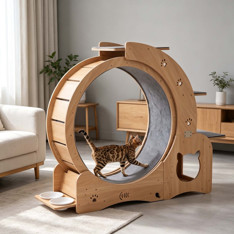Roue d'exercice pour chat de 70 cm (27,5 pouces) pour chats d'intérieur, tapis roulant silencieux avec gamelles, perchoirs à plusieurs niveaux et grotte pour chat, idéal pour la perte de poids et l'activité quotidienne.
