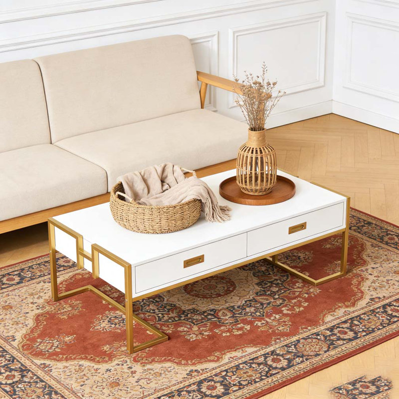 Table basse moderne blanche à 4 tiroirs, Blanc et or