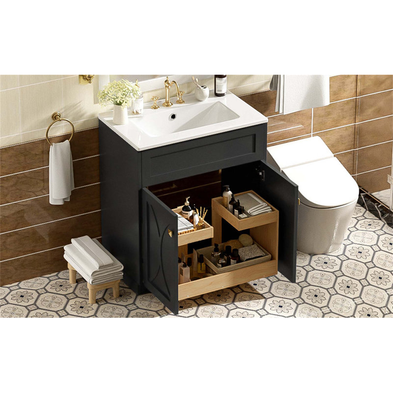 Meuble-lavabo autoportant moderne avec lavabo en céramique et beaucoup de rangement, Noir