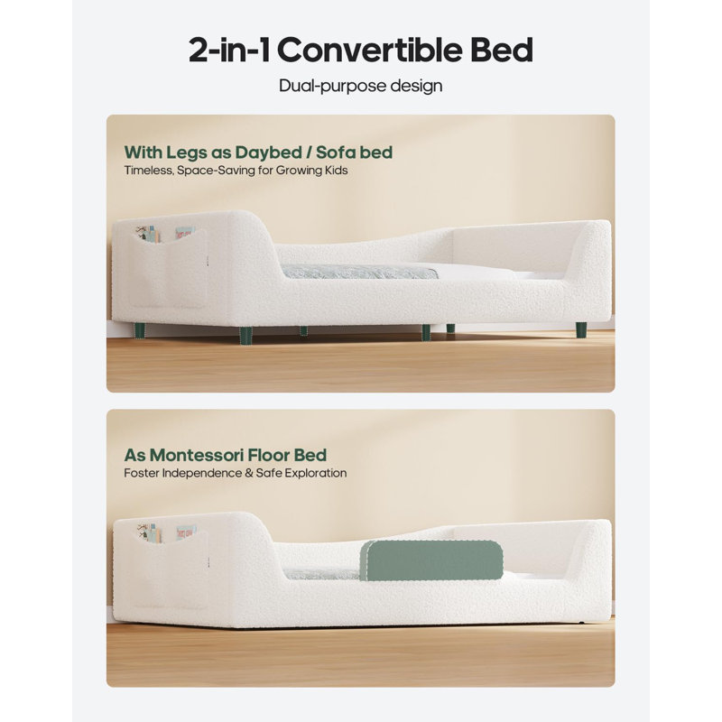 Floor Bed, Low Montessori 2-in-1 Convertible Beds, With Slats And High Rails, Upholstered Teddy Boucle, Curve Round Frame, No Box Spring Needed, Easy Assemble, Beige